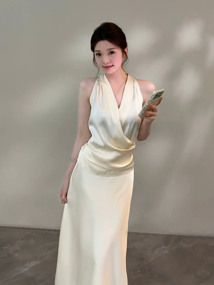 Songsong Summer New Gentle and Elegant Tie-Waist Halter Neck Light Luxury Top and Skirt Set DT2070