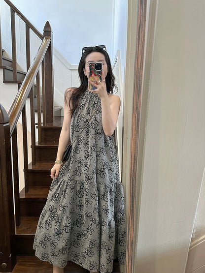 Jin Suyi flower halter neck long skirt for women 2024 summer Korean version slimming small fresh plaid dress chic skirt