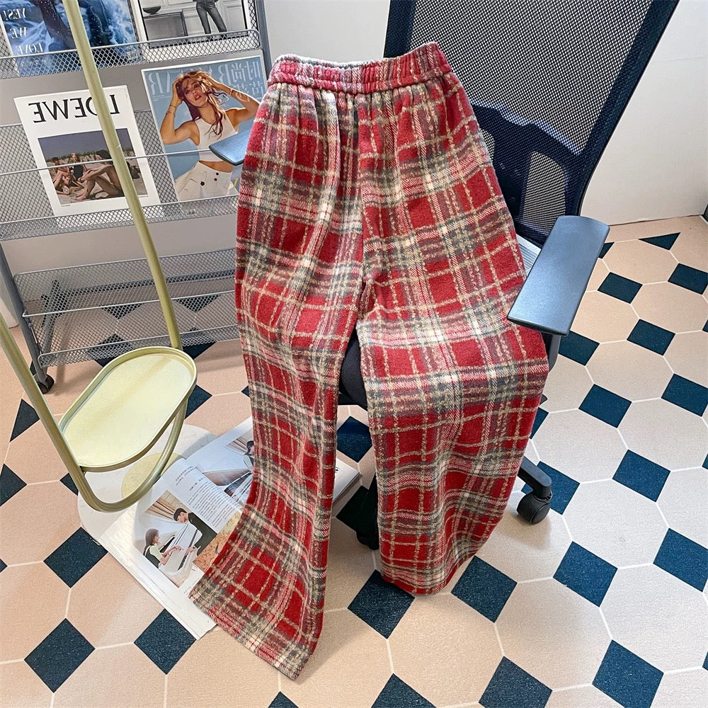 American high-end velvet and thickened woolen plaid trousers for men and women in autumn and winter niche straight casual wide-leg floor mopping trousers