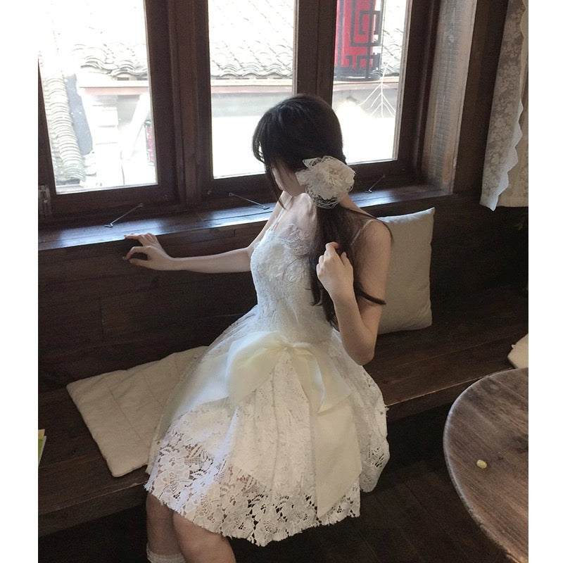 Ballet Style Lace Suspender Dress Women's Summer 2024 New Waist Birthday Dress Princess Puff Skirt