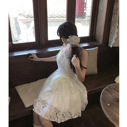 Ballet Style Lace Suspender Dress Women's Summer 2024 New Waist Birthday Dress Princess Puff Skirt