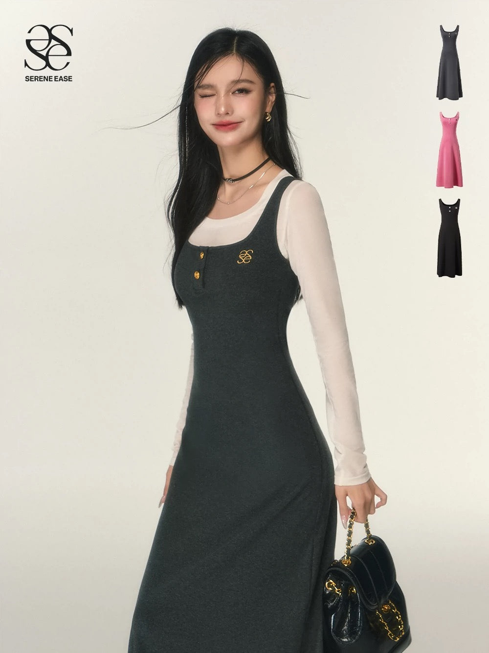 SereneEase logo embroidered knitted dress women's 2023 autumn new sleeveless suspender skirt long skirt