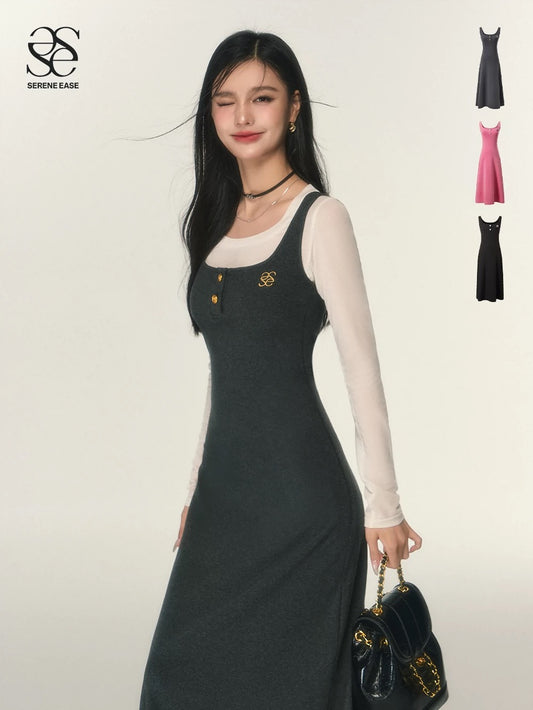 SereneEase logo embroidered knitted dress women's 2023 autumn new sleeveless suspender skirt long skirt