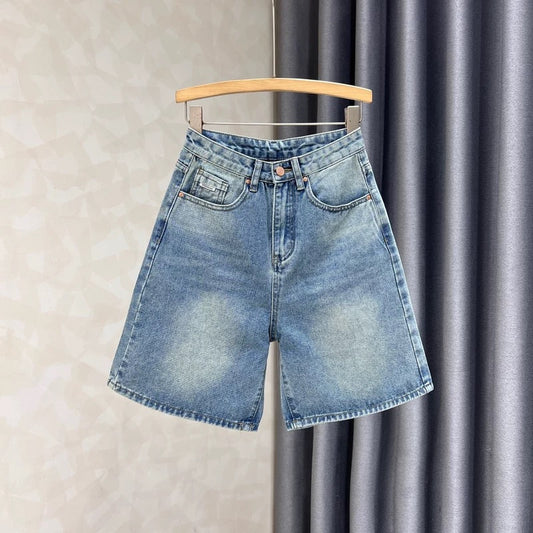 Blue wide-leg jeans for women 2024 summer new loose slimming fashionable all-match retro high waist shorts