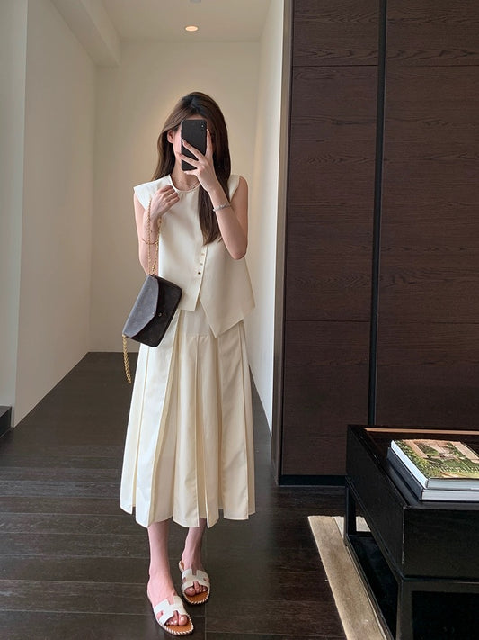 AMR UU◆Smart temperament, high-end slanted placket vest, high-waisted skirt, two-piece set for women, new summer style