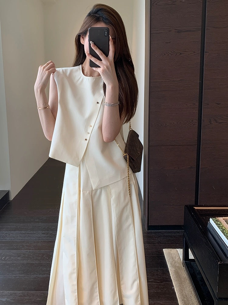 AMR UU◆Smart temperament, high-end slanted placket vest, high-waisted skirt, two-piece set for women, new summer style