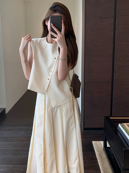 AMR UU◆Smart temperament, high-end slanted placket vest, high-waisted skirt, two-piece set for women, new summer style