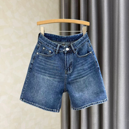 Dark blue high waist slim a-line denim shorts for women 2025 summer new all-match elastic wide-leg five-point pants