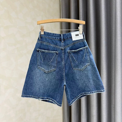 Dark blue high waist slim a-line denim shorts for women 2025 summer new all-match elastic wide-leg five-point pants