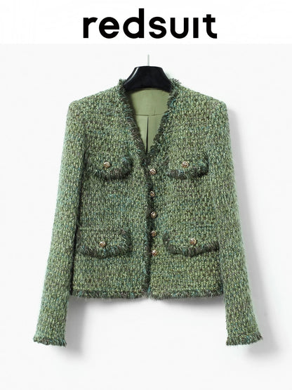 redsuit high-end French popular tweed woven green small fragrance jacket tassel single-breasted top