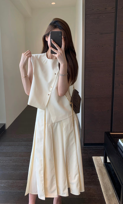 AMR UU◆Smart temperament, high-end slanted placket vest, high-waisted skirt, two-piece set for women, new summer style
