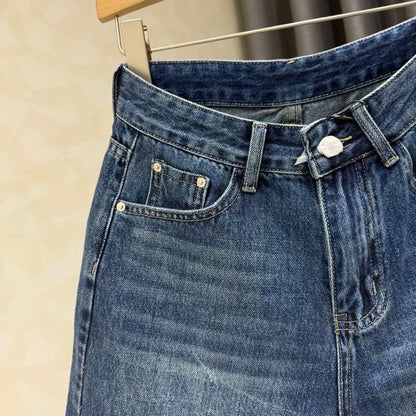 Dark blue high waist slim a-line denim shorts for women 2025 summer new all-match elastic wide-leg five-point pants