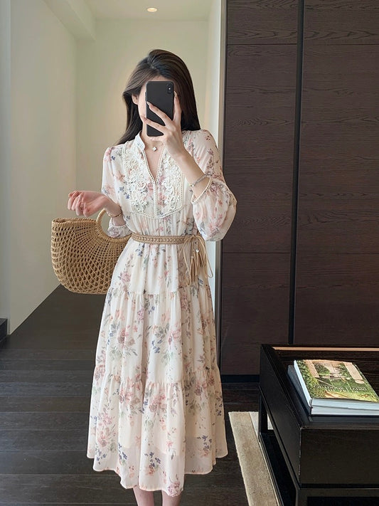AMR UU◆Beautiful and romantic retro style tea break dress floral long skirt women's dress spring and summer new style