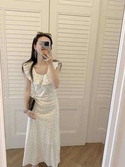 Jin Suyi polka dot waist dress for women 2024 summer Korean style waist slimming doll collar temperament long dress trend