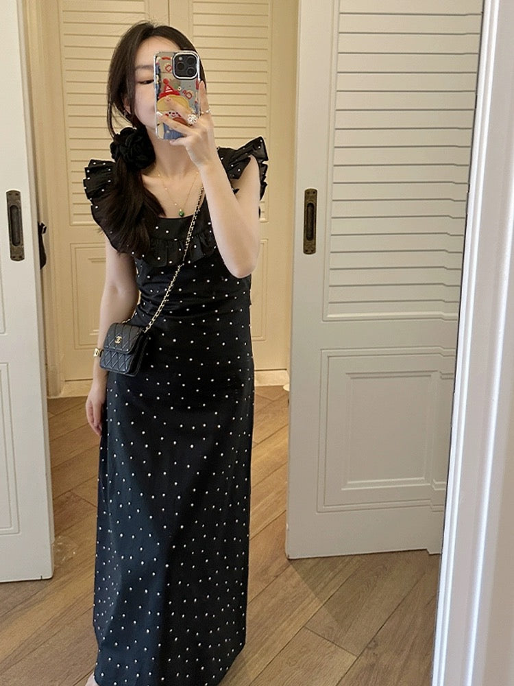 Jin Suyi polka dot waist dress for women 2024 summer Korean style waist slimming doll collar temperament long dress trend