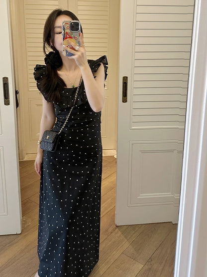 Jin Suyi polka dot waist dress for women 2024 summer Korean style waist slimming doll collar temperament long dress trend