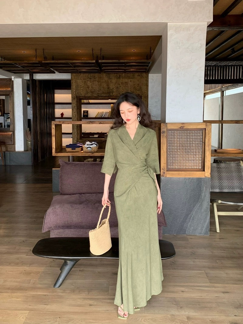 Homemade Wine Afternoon【Don't Disturb Clear Dreams】Spring and Summer New National Style New Chinese Style Overlapping Collar Wrap-Up Waist Dress