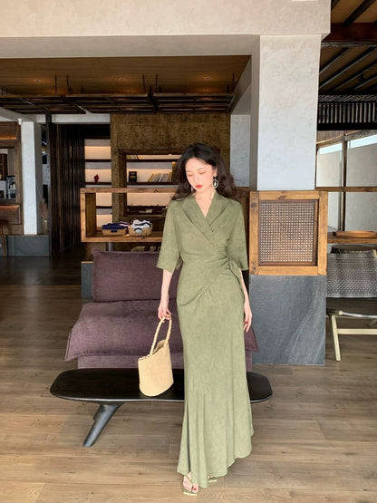 Homemade Wine Afternoon【Don't Disturb Clear Dreams】Spring and Summer New National Style New Chinese Style Overlapping Collar Wrap-Up Waist Dress