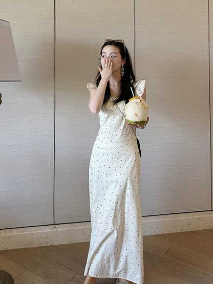 Jin Suyi polka dot waist dress for women 2024 summer Korean style waist slimming doll collar temperament long dress trend