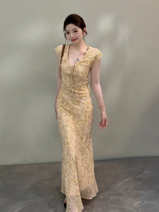 Songsong New French Style Slim Fit Floral Long Dress DT2038