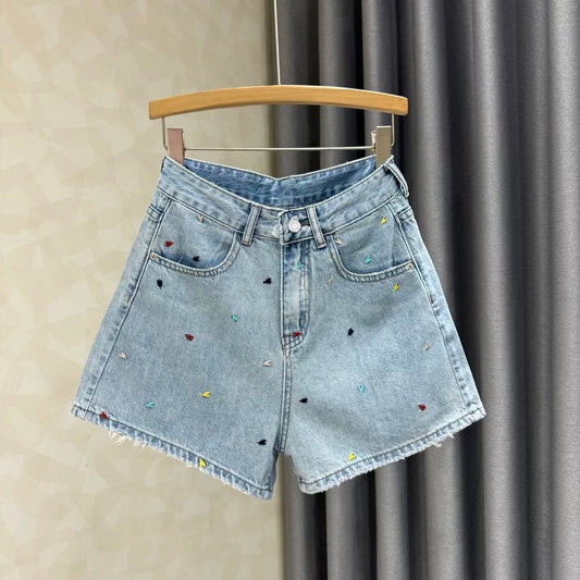 2025 summer new embroidery high waist slim a-line denim shorts women's blue all-match a-line stretch hot pants
