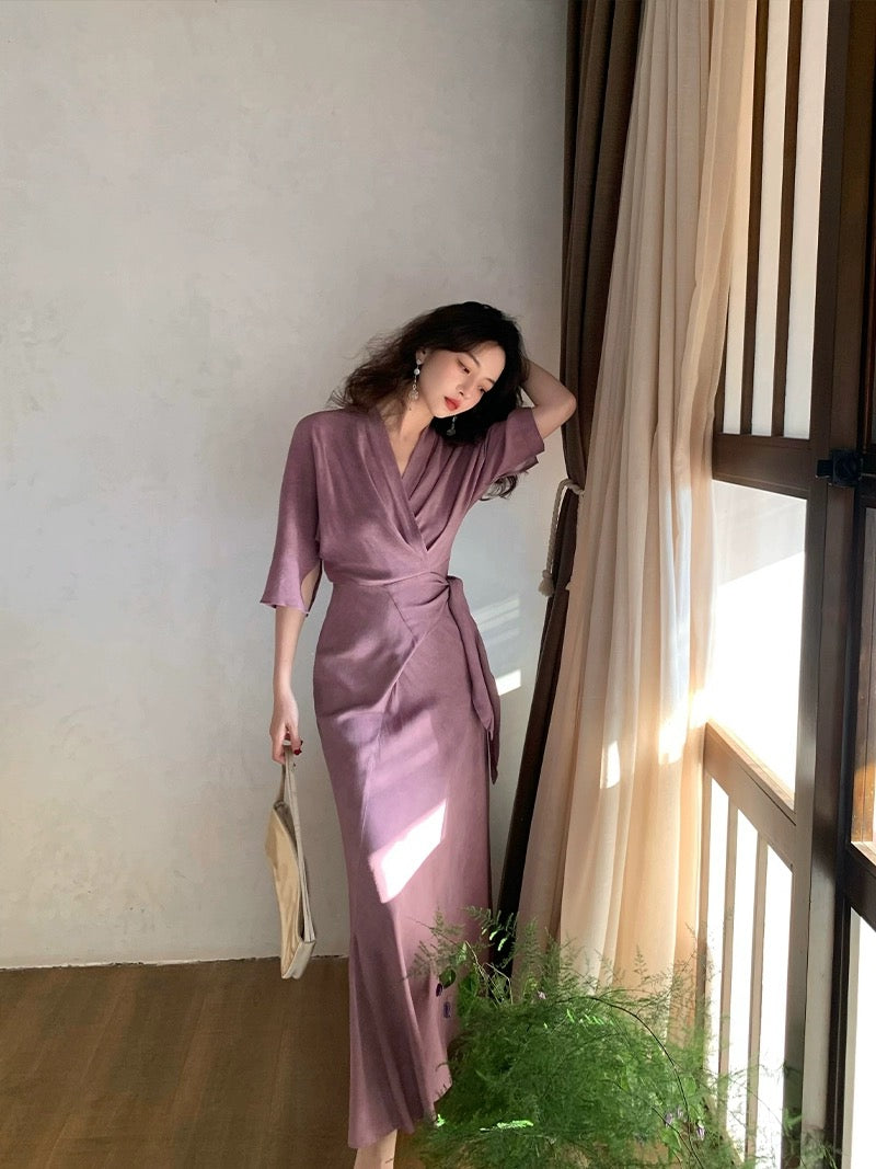 Homemade Wine Afternoon【Don't Disturb Clear Dreams】Spring and Summer New National Style New Chinese Style Overlapping Collar Wrap-Up Waist Dress