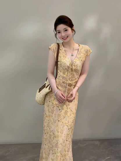 Songsong New French Style Slim Fit Floral Long Dress DT2038