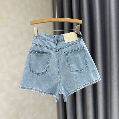 2025 summer new embroidery high waist slim a-line denim shorts women's blue all-match a-line stretch hot pants