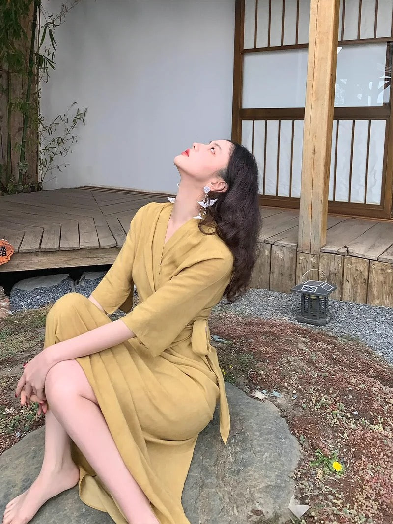 Homemade Wine Afternoon【Don't Disturb Clear Dreams】Spring and Summer New National Style New Chinese Style Overlapping Collar Wrap-Up Waist Dress