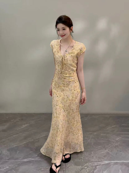 Songsong New French Style Slim Fit Floral Long Dress DT2038