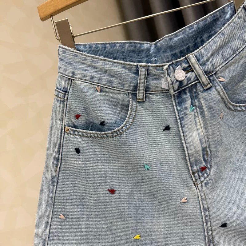 2025 summer new embroidery high waist slim a-line denim shorts women's blue all-match a-line stretch hot pants