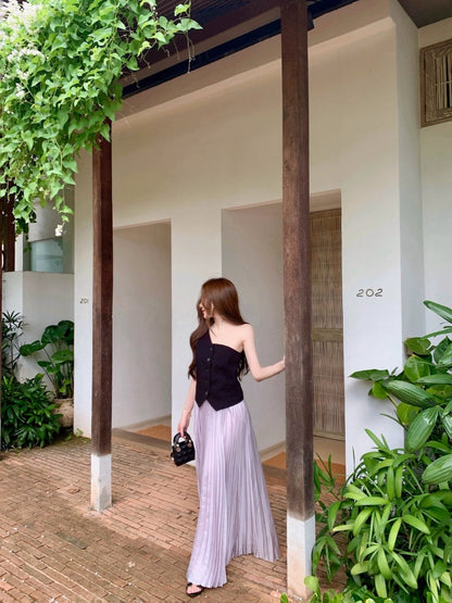 5/20 JUNSTUDIO [Texture First] Black 100 linen niche one-shoulder tube top+Skirt