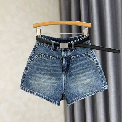 Blue American high waist elastic hot girl wide leg jeans for women summer new retro slim all-match hot pants