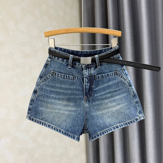 Blue American high waist elastic hot girl wide leg jeans for women summer new retro slim all-match hot pants