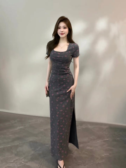 Yu-Yan's Summer New French Fashion Retro Floral Print Short-Sleeved Slimming Dress DT2021
