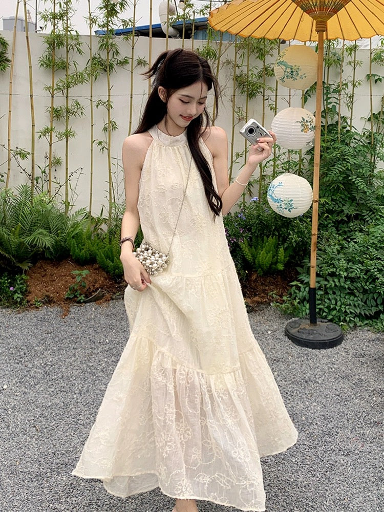 Fairy white lace off-shoulder beach long dress seaside vacation suspender skirt French retro halter dress summer