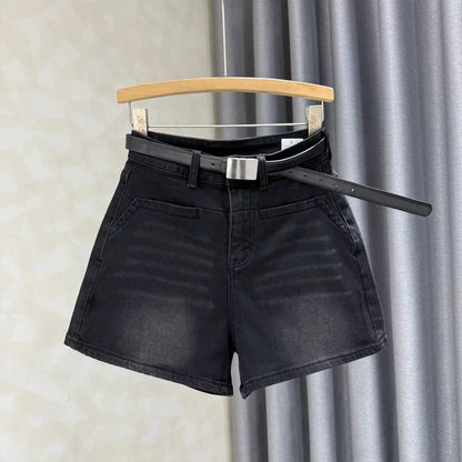 Blue American high waist elastic hot girl wide leg jeans for women summer new retro slim all-match hot pants