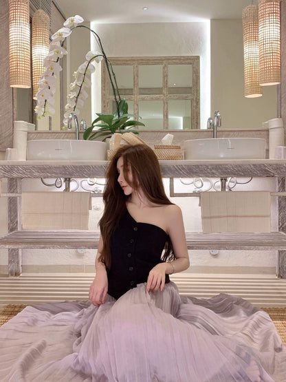 5/20 JUNSTUDIO [Texture First] Black 100 linen niche one-shoulder tube top+Skirt