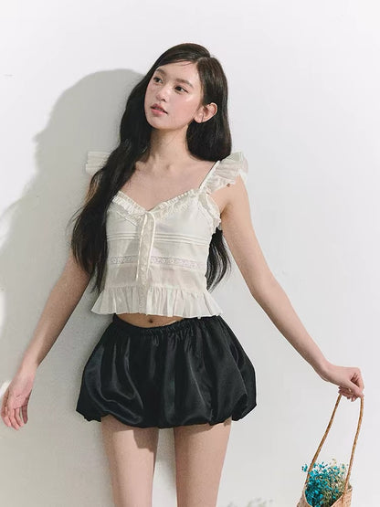 OIOI ESSE French-style ruffled tie-front vest for women, summer French-style off-shoulder top.