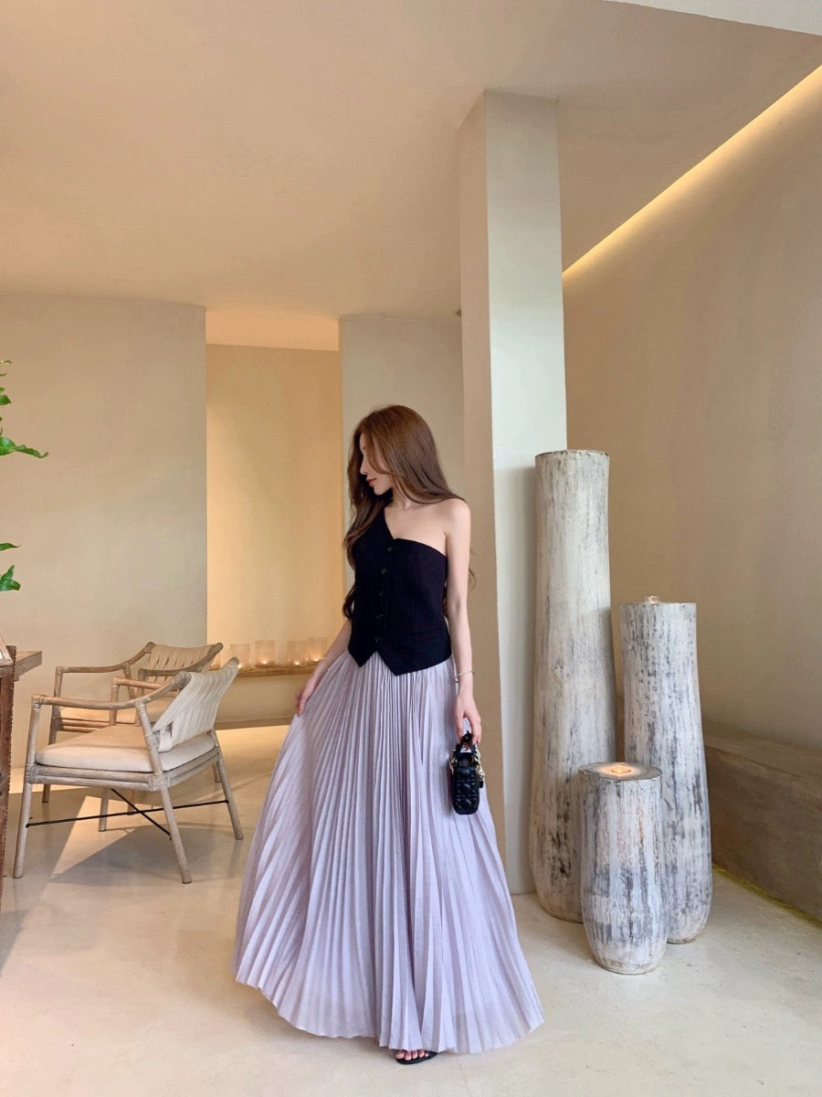 5/20 JUNSTUDIO [Texture First] Black 100 linen niche one-shoulder tube top+Skirt