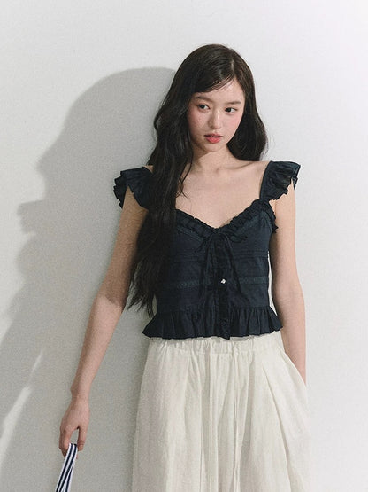 OIOI ESSE French-style ruffled tie-front vest for women, summer French-style off-shoulder top.