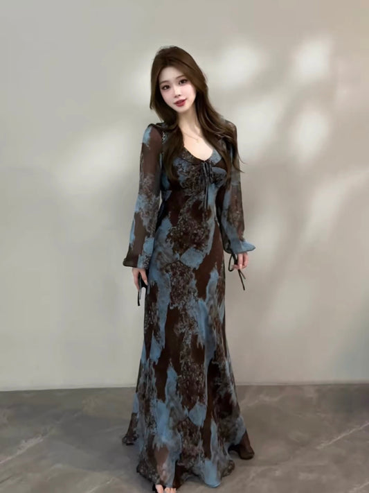 Yu-Yan French V-neck ink wash print dress, summer elegant slim-fit long dress DT2020