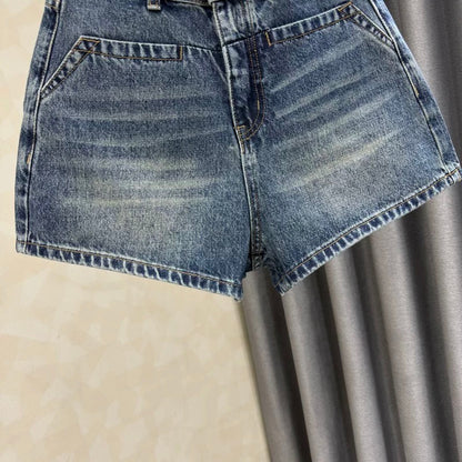 Blue American high waist elastic hot girl wide leg jeans for women summer new retro slim all-match hot pants
