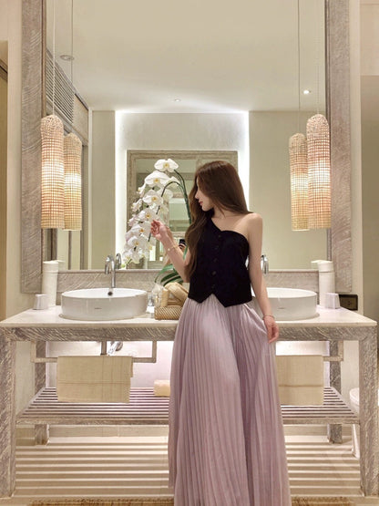 5/20 JUNSTUDIO [Texture First] Black 100 linen niche one-shoulder tube top+Skirt
