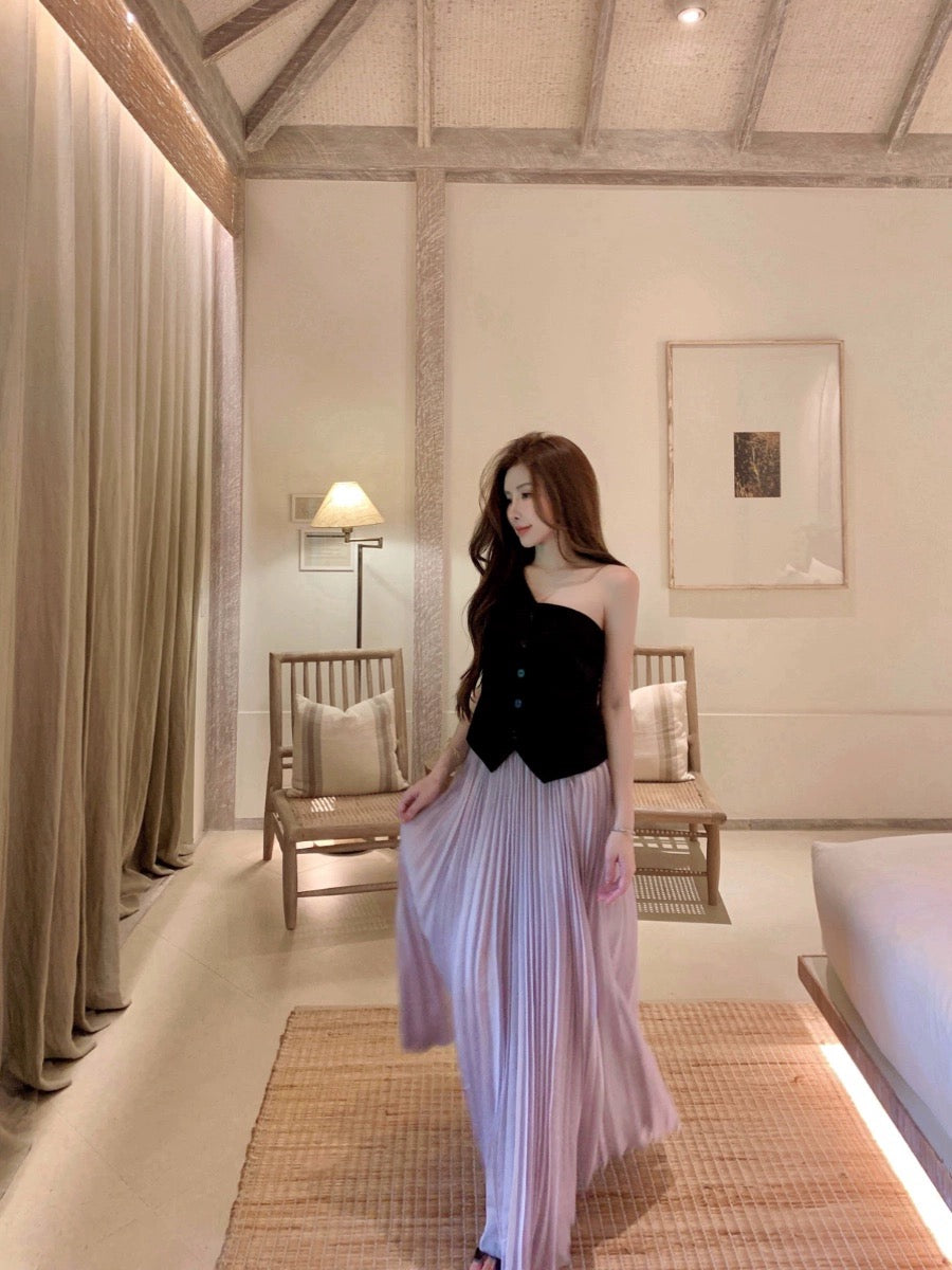 5/20 JUNSTUDIO [Texture First] Black 100 linen niche one-shoulder tube top+Skirt