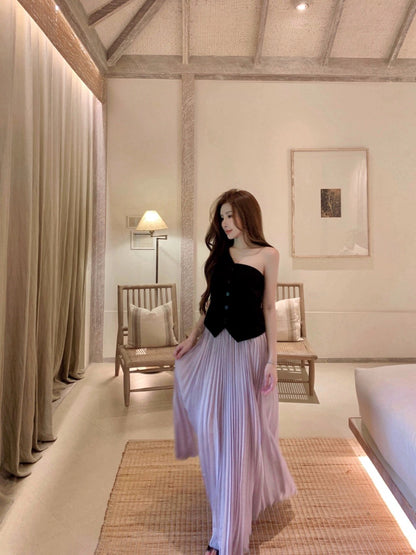 5/20 JUNSTUDIO [Texture First] Black 100 linen niche one-shoulder tube top+Skirt