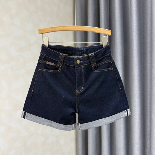 Retro blue denim shorts for women 2025 summer new style curling fashionable high waist A-line loose slim wide leg pants