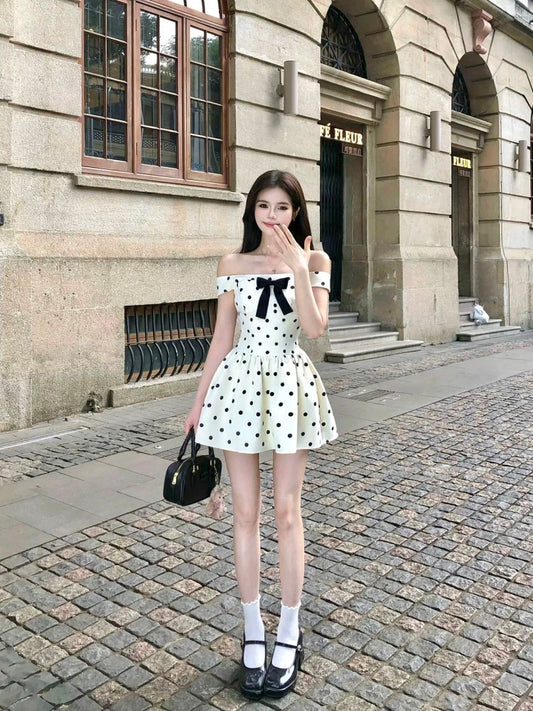 Illustration of WAHJU [5/3 10:00AM Summer New Products] Design Bow Polka Dot Apricot Dress