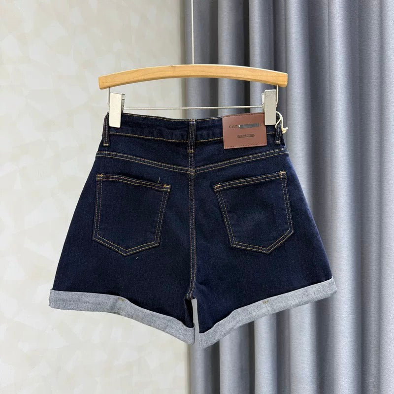 Retro blue denim shorts for women 2025 summer new style curling fashionable high waist A-line loose slim wide leg pants