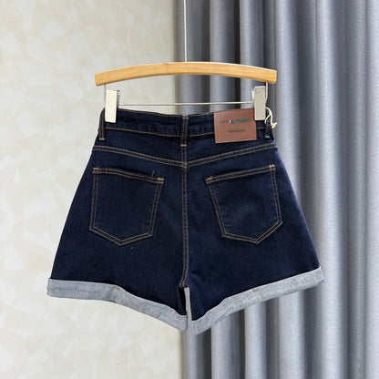 Retro blue denim shorts for women 2025 summer new style curling fashionable high waist A-line loose slim wide leg pants